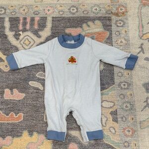 Infant Striped Blue Knit Thanksgiving Embroidered Turkey One piece